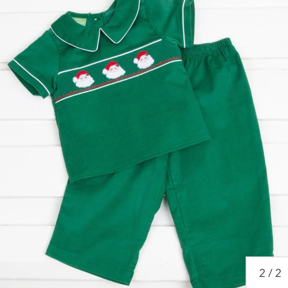 Santa Face Smocked Green Pant Set
